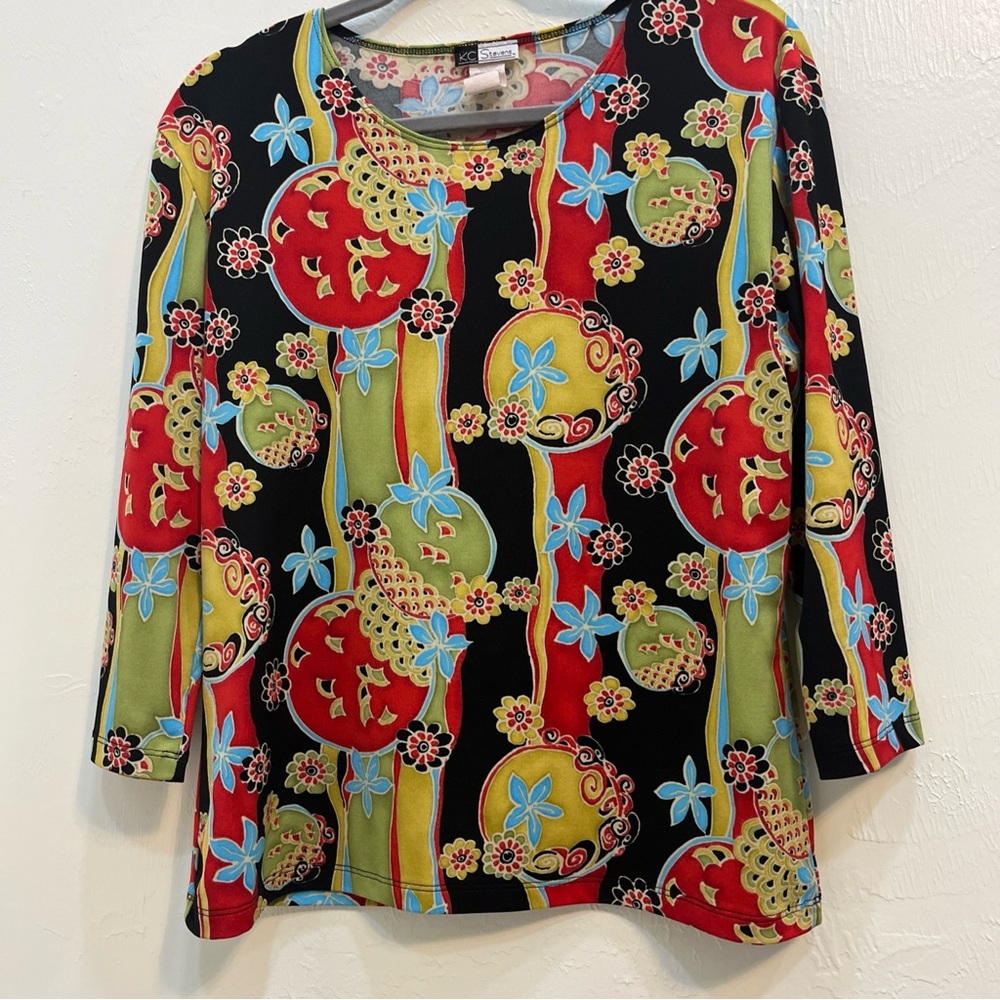 KC Stevens Womens  PXL  Shirt Black  Floral Artsy Shimmer‎ Boatneck